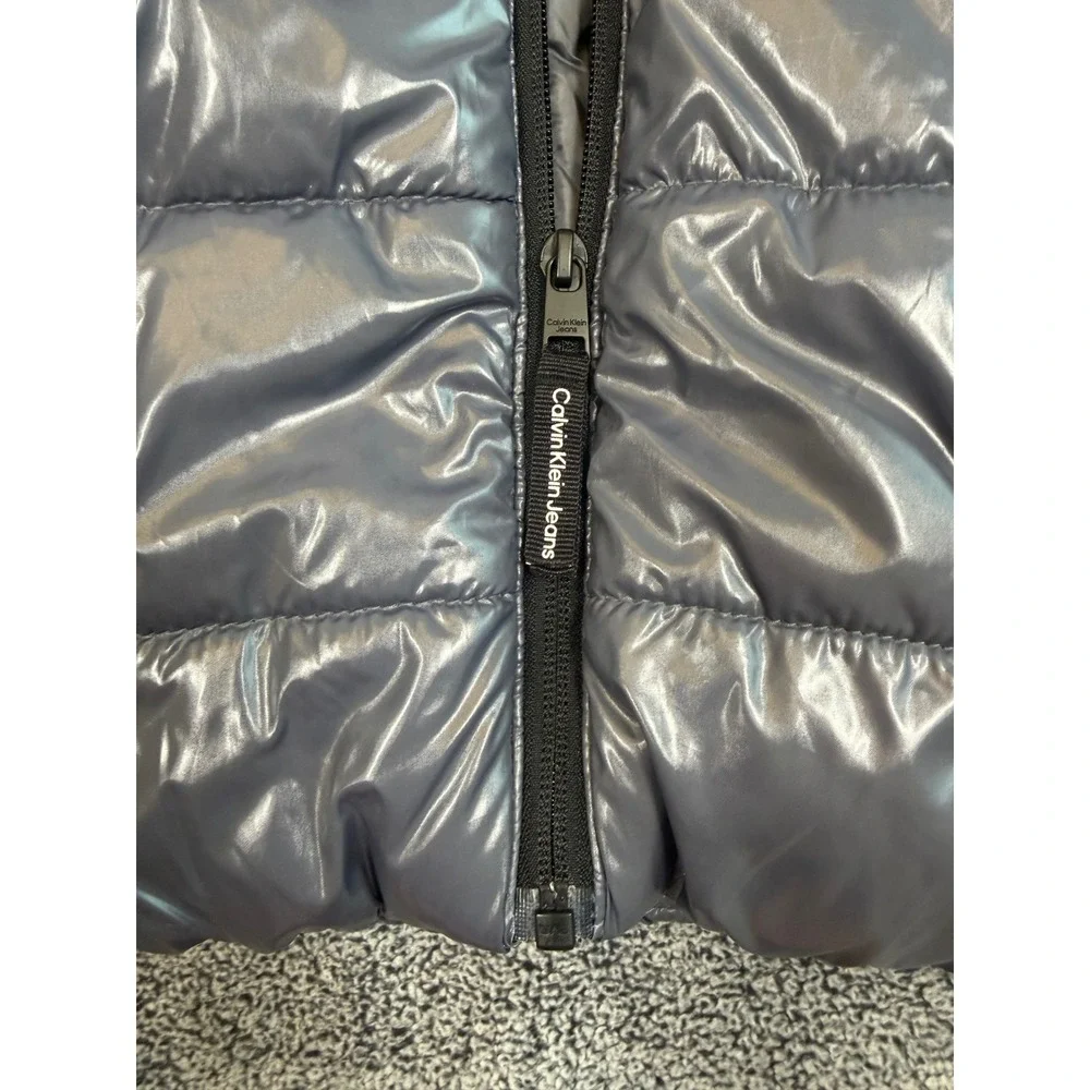 Calvin Klein Jeans Puffer Jacket Baby 12M Silver Metallic Hooded CK Logo Coat